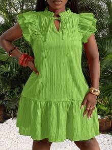 Slaydiva Vestido de talla grande de unicolor con cuello de corbata, mangas con volantes y dobladillo con volantes, vestido de verano - Verde - Ver 1