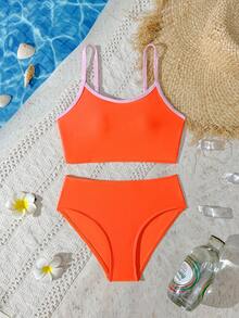 SHEIN Atasan Bikini Camisole Kasual Tanpa Punggung dengan Desain Potongan Bunga untuk Anak Perempuan Remaja - Jeruk - View 2