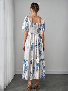 Momance Đầm cho con bú tay ngắn xếp nếp, cổ vuông, thiết kế nâng cao tiện lợi cho việc cho con bú, dáng chữ A, đầm dài in kỹ thuật số. - Xanh và trắng - Xem 2