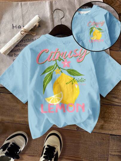 Áo thun ngắn tay dáng rộng thoải mái, in hình cây chanh và hoa cổ điển, thích hợp cho bé gái tuổi teen, phù hợp mặc mùa hè.