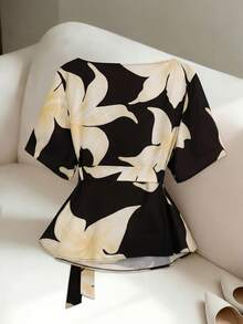 SHEIN Elenzya Blouse ample à col volant et manches évasées avec ceinture, pour femmes grandes tailles. Convient pour le port quotidien et au bureau, printemps/été - Multicolore - Voir 2
