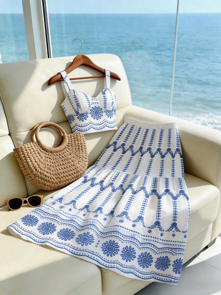 Lyxana 女士度假休闲优雅印花吊带背心和A字裙套装 - 藍白色 - 查看 1