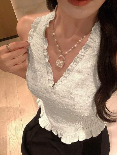 DAZY Women's Solid Color Fitted Waist Halter Backless Ruffle Hem Elegant Summer Vest Top