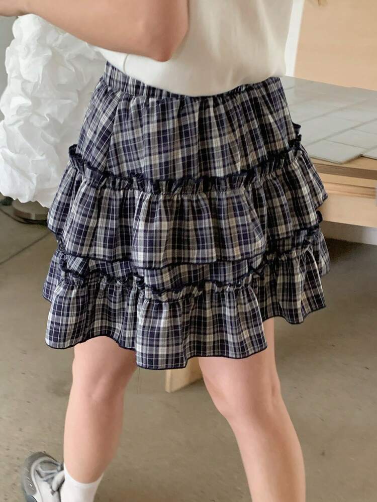 Women's Plaid Mini Skirt, Elastic Waist Ruffle Hem Casual Holiday Summer Skirt