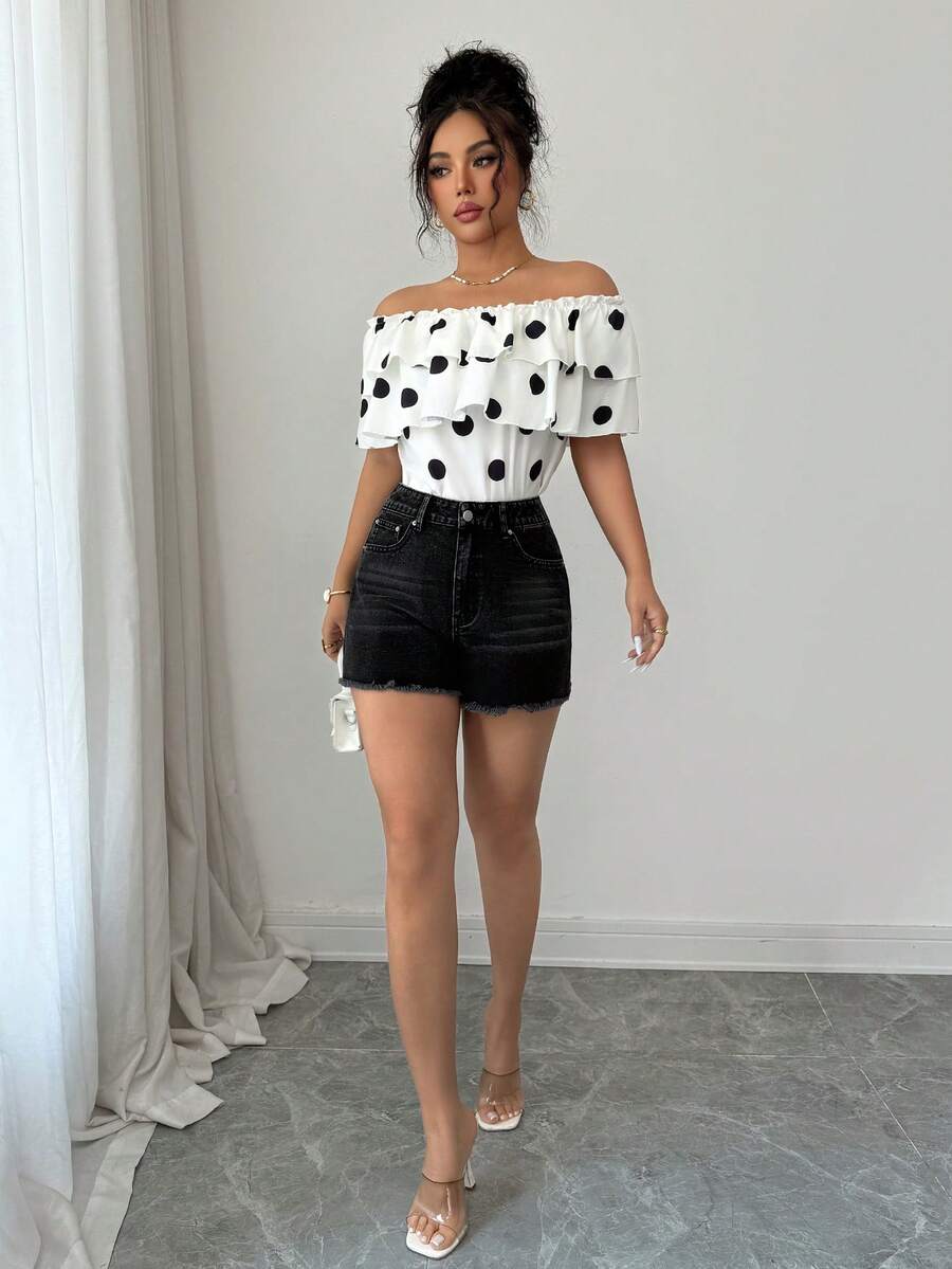 Elenzga Quần short denim nữ cạp cao, có túi, gấu quần rách, kiểu dáng thường ngày, đa năng. - màu đen - Xem 1