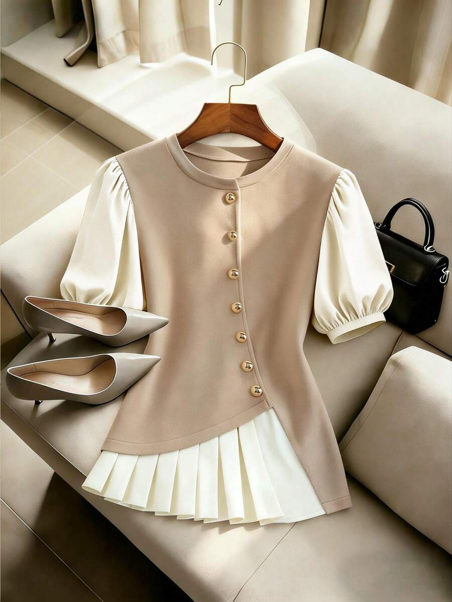 Franclia Women's Elegant Blue And White Stripe Color-Blocked Knit Short-Sleeved Blouse,Summer Khaki Casual Commuting Work Tops For Graduation And Holiday Wear - Apricot - View 1
