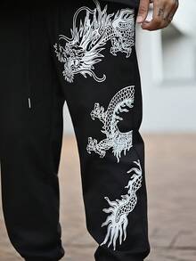 Devon Thys Men Dragon & Japanese Letter Graphic Drawstring Waist Sweatpants Street Wear Drawstring Sweatpants, For Husband, Boyfriend Gifts, For Rave - Black - View 3
