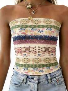 Women's Summer Vacation All-Over Print Tight Cropped Bandeau Top - Multicolor - View 3