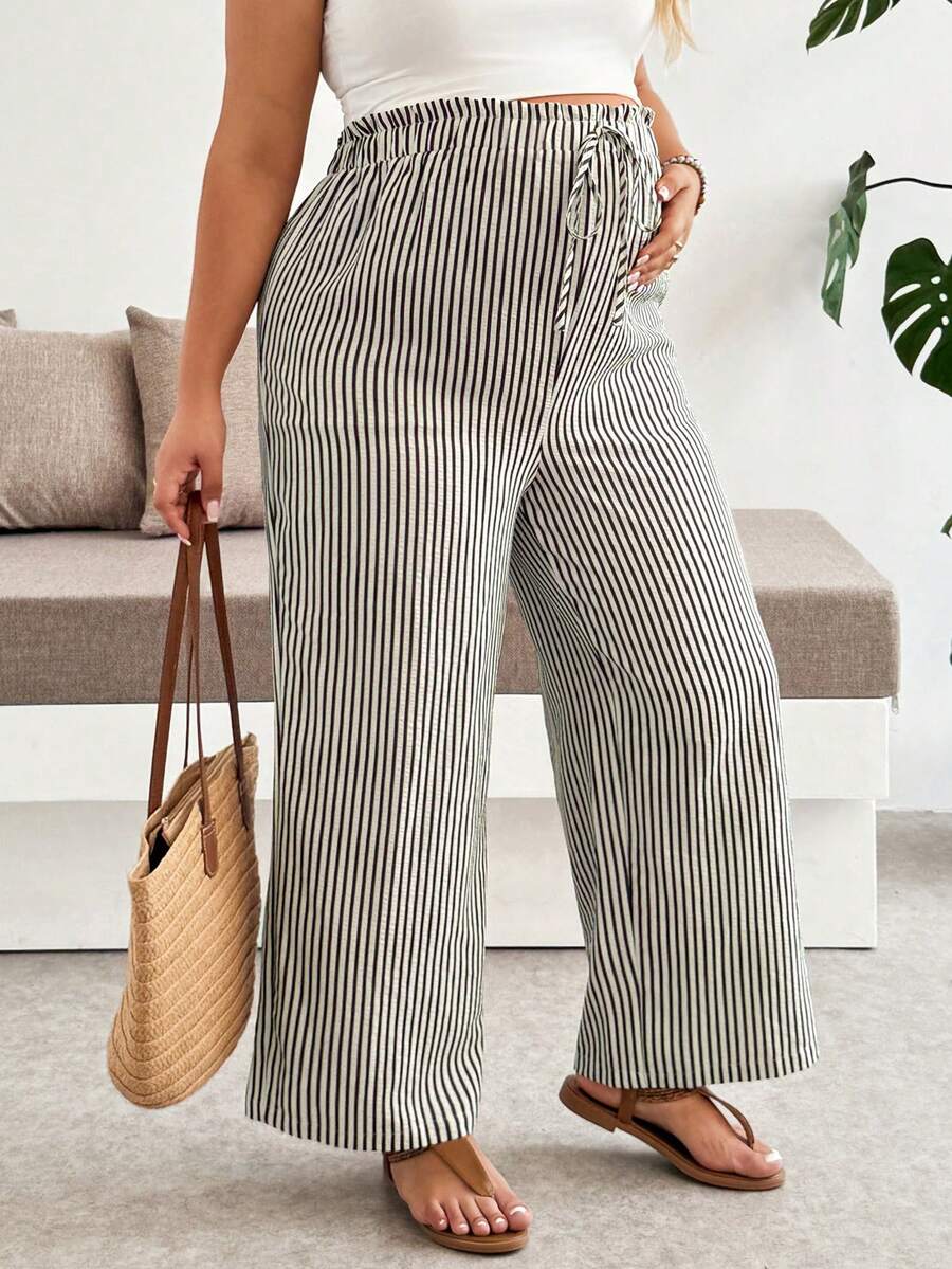 Plussiva Maternity Plus Size Casual Everyday Striped Elastic Waist Bottoms Vacation Outfits Fall - Apricot - View 1