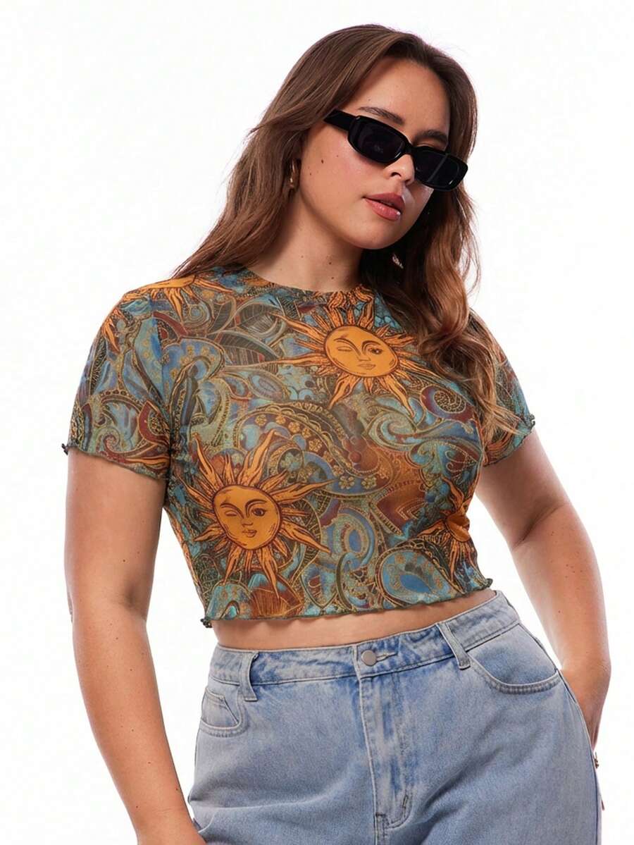 Summer Casual Printed Mesh Short Sleeve T-Shirt - Blue - View 1