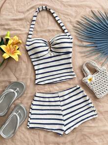 SHEIN PETITE CURVE Bộ đồ đôi nữ cỡ lớn phong cách tối giản thường ngày gồm áo tank top cổ yếm và quần short. - Xanh và trắng - Xem 6
