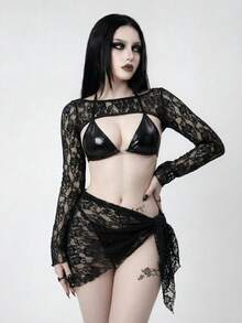 ROMWE Bộ bikini 4 món phong cách Gothic dành cho nữ, màu đen bóng, làm từ da giả, gồm áo khoác ren hoa hồng xuyên thấu, chân váy tam giác, điểm nhấn kim loại và quần buộc dây bên hông, trang phục đa năng cho bãi biển, lễ hội âm nhạc, tiệc tùng. - màu đen - Xem 5