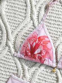 SHEIN 少女吊带泳衣，亮粉色碎花贝壳边装饰，夏季沙滩露背吊带套装，沙滩度假泳装，青少年比基尼套装，青少年比基尼套装 - 粉色 - 查看 4