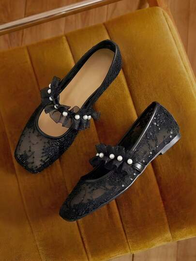 女士黑色平底芭蕾舞鞋，饰有花朵、亮片和刺绣，透气网面，方头设计，珍珠点缀，适合宽脚，玛丽珍款式，夏季款