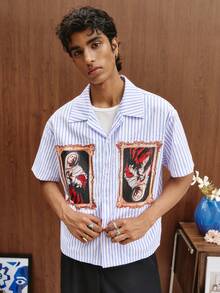 TOKVUE Áo sơ mi nam tay ngắn in họa tiết sọc, kiểu dáng thường ngày. - Xanh và trắng - Xem 1