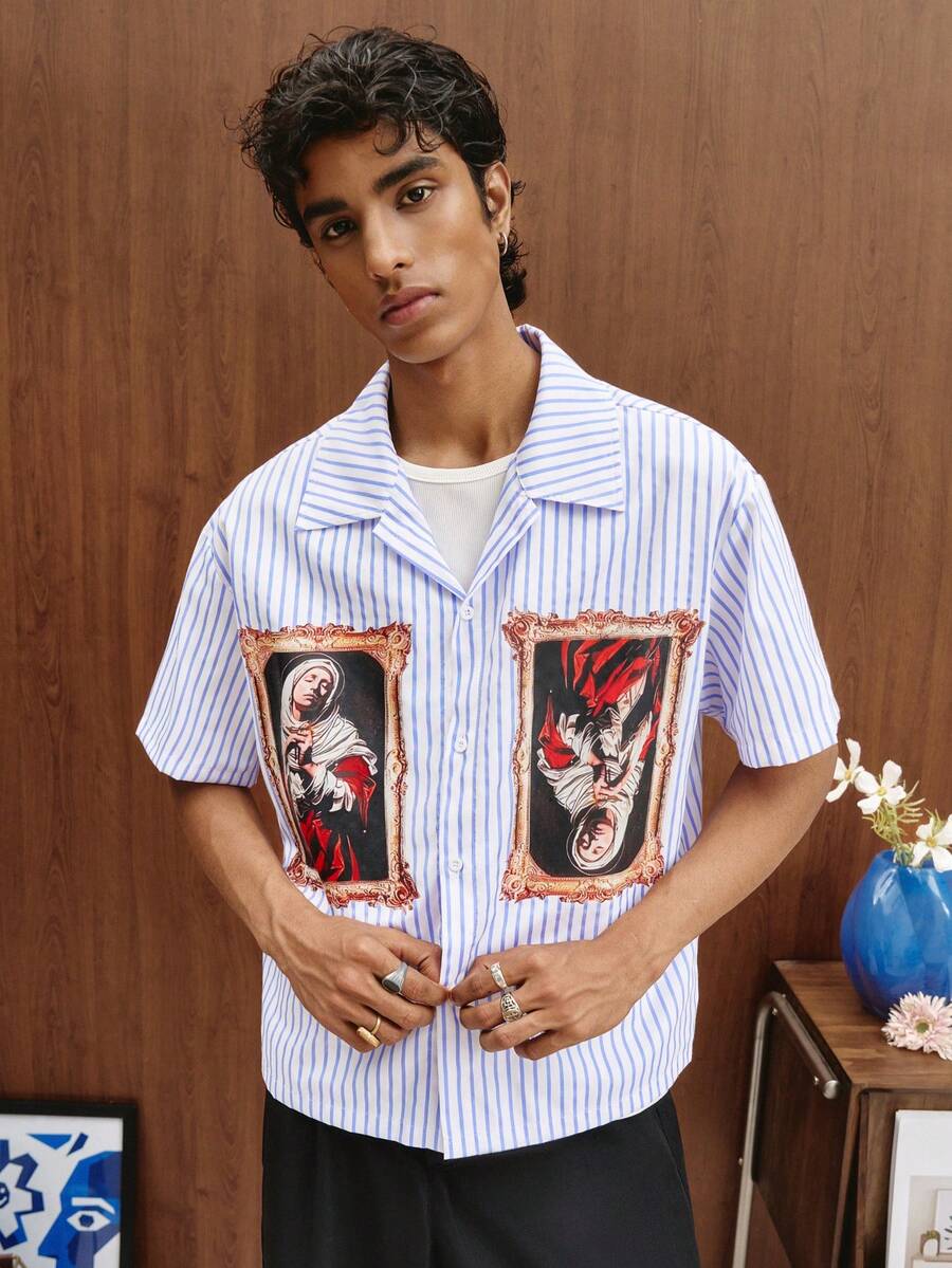 TOKVUE Áo sơ mi nam tay ngắn in họa tiết sọc, kiểu dáng thường ngày. - Xanh và trắng - Xem 1