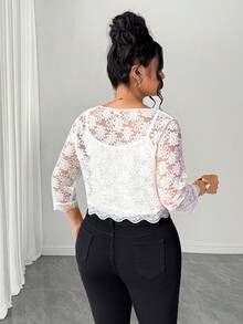 Elenzga Plus Size Women's Open Front Crop Flower Lace Jacket White Top Work Tops For Women Elegant Women's Blouses  Summer Tops,For Beach Summer Holiday Party  Graduation Office - White - View 2