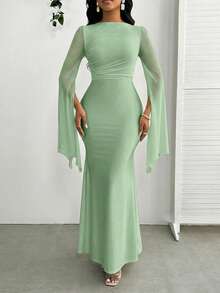 SHEIN Lady Vestido elegante de mujer de unicolor con malla, mangas largas, silueta ajustada y bajo de cola de pez - verde menta - Ver 6