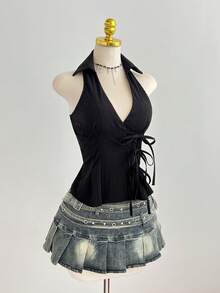 Elamini 性感翻领侧系腰带修身无袖衬衫，简约设计，女士款 - 黑色 - 查看 4