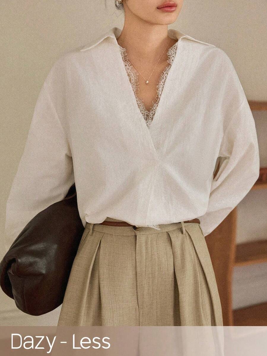 Dazy-Less Spring/Summer Lace Patchwork Long Sleeve Elegant Casual Shirt For Women, Suitable For Dates, Weddings, Commuting Business Casual Woman - Beige - View 1