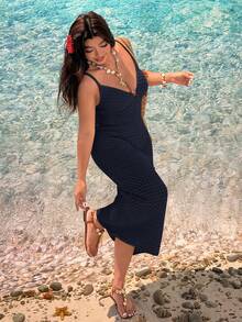 SHEIN EZwear Đầm len cỡ lớn dành cho nữ, kiểu dáng thời trang và thanh lịch, thiết kế mới mùa xuân/hè với họa tiết vòng kim loại trang trí, dây đeo mảnh, kiểu dáng thường ngày đa năng. - Màu xanh hải quân - Xem 6