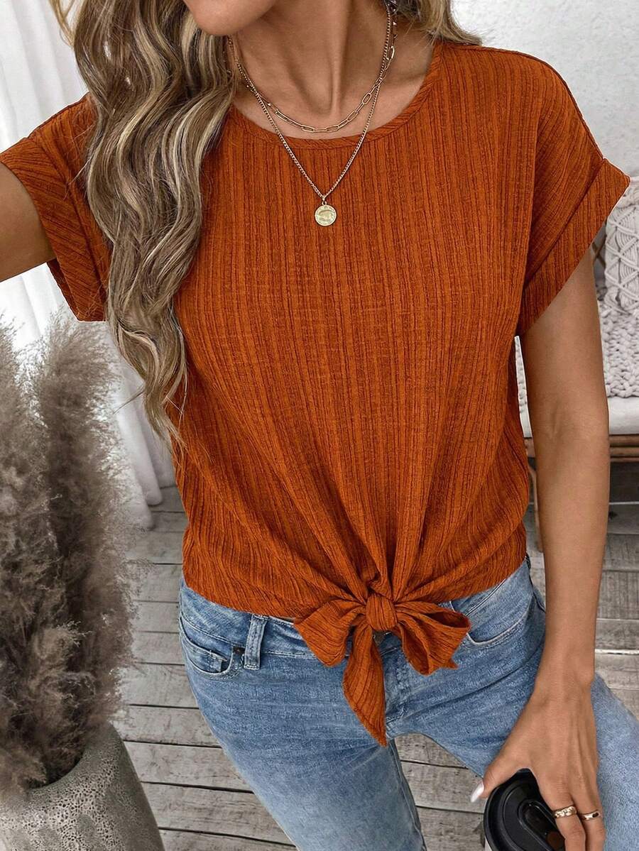 SHEIN LUNE Áo sơ mi nữ dáng rộng, màu trơn, chất liệu có họa tiết, thích hợp cho mùa hè, đi nghỉ mát, đi làm, đi làm hàng ngày, kiểu dáng cơ bản, thắt nơ. - trái cam - Xem 1