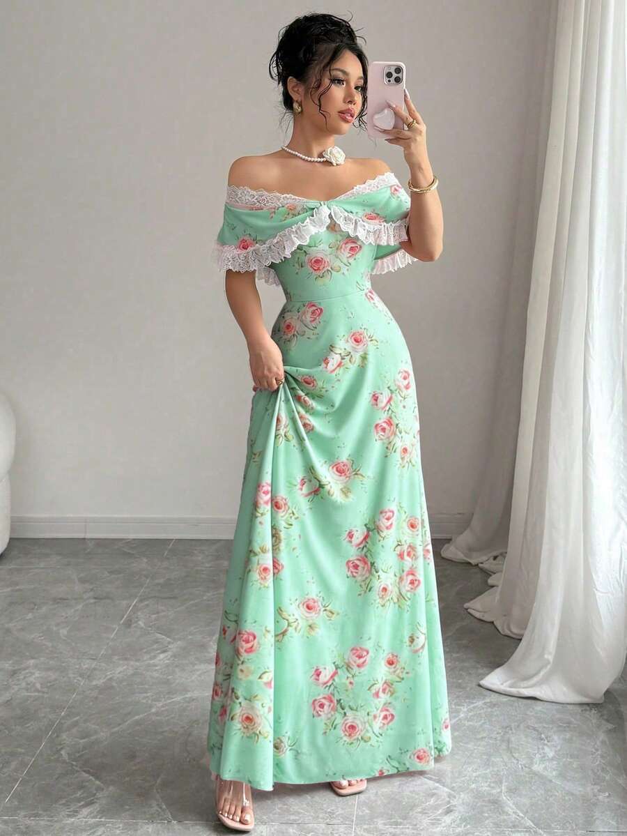 Rafferiza Petite 女士复古印花蕾丝拼接露肩修身连衣裙 - 綠色 - 查看 1