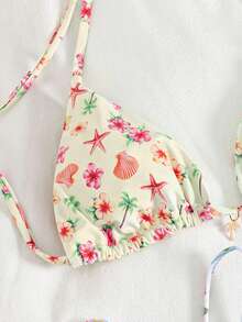 Swim Mod New Tropical Floral Stamp Print Halter Bikini Top For Beach Vacation, Spring/Summer Beach Vacation Butter Yellow Tropical - Multicolor - View 4