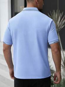 Manfinity Bizformal Men's Casual Color-Blocked Short-Sleeved Polo Shirt, Men's Light Blue Summer Polo Shirt, Preppy Patterned Polo Shirt, Men's Button-Down Knit Polo Shirt, Knitted Men's Shirt, Suitable For Everyday Casual Wear During Christmas, Weekend Trips, Polo For Men Golf Shirt For Men Formal Outfit For Men Mens Apparel - Baby Blue - View 2