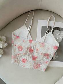 Cévolie Top de camisola sin mangas con lazo y encaje de rosa romántico y sexy para mujer, primavera/verano - Multicolor - Ver 2