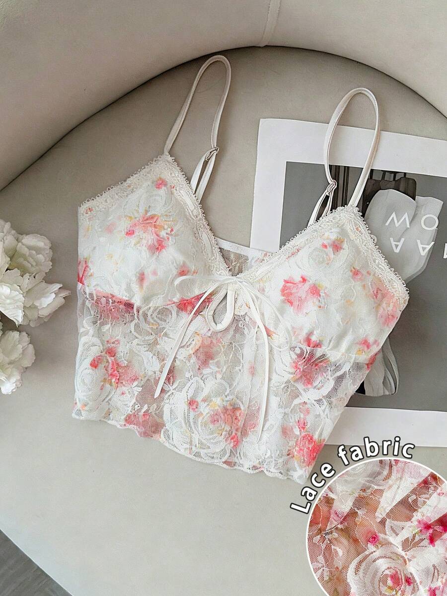 Cévolie Top de camisola sin mangas con lazo y encaje de rosa romántico y sexy para mujer, primavera/verano - Multicolor - Ver 1