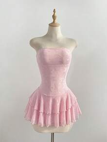 Elamini Strapless Mesh Butterfly Print Cake Dress, Sexy & Sweet For Party, Graduation - Pink - View 7