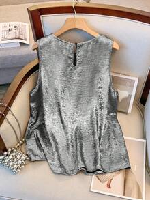 GlowEve CURVE Camiseta sin mangas holgada de cuello redondo de talla grande para mujer, con acabado metálico lujoso, adecuada para uso diario, verano y fiestas - Gris Oscuro - Ver 2