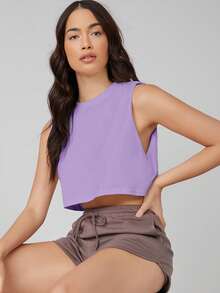 SHEIN BASICS Solid Color Crew Neck Sleeveless Comfortable Loose Cropped Tank Top, Summer Crop Tops Plain For Women Casual Ladies Blouse,Summer - Purple - View 6
