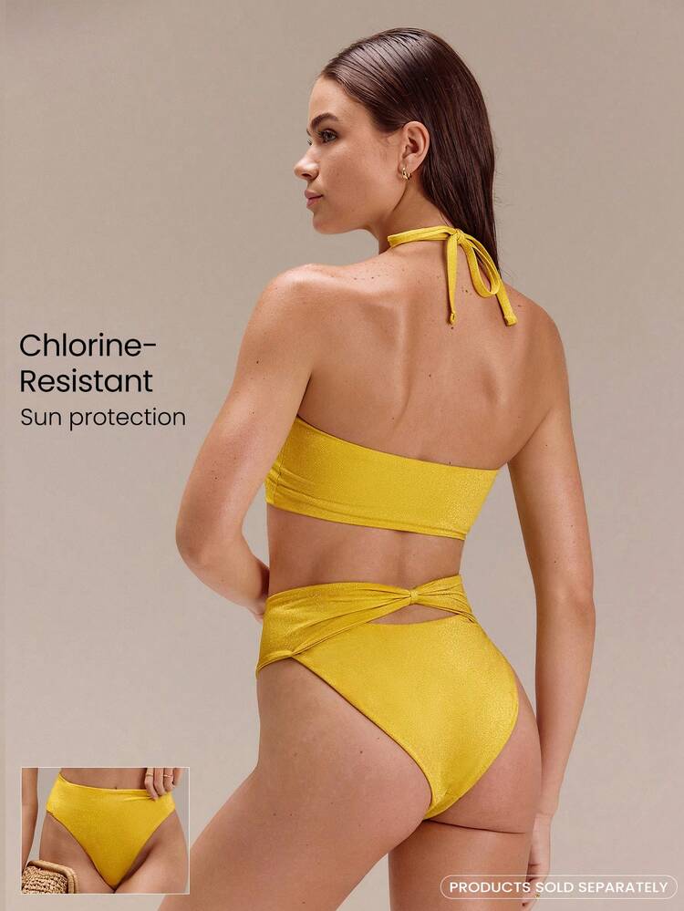 1PC Swim Collection Solar Glow Chlorine-Resistant Sun-Protective High-Rise Back Bow Waist Design Anti-Bacterial Lining Metallic Bikini Bottoms Swimming Beach Pool Holiday Vacation Summer Wear