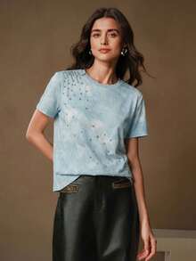 Anewsta Women's Casual Distressed Rhinestone Embellished Pullover T-Shirt - Blue - View 3