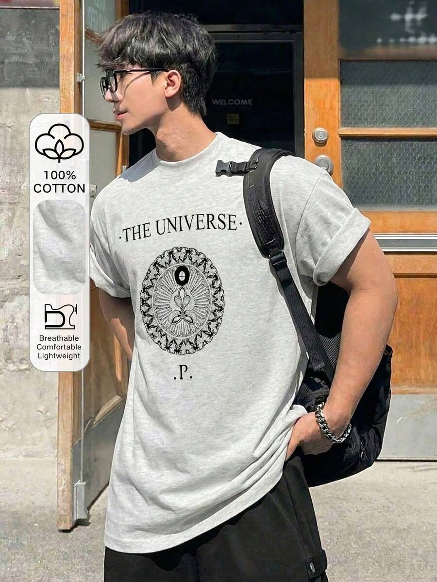 DAZY Men's Round Neck White T-Shirt With Letter Print - Light Grey - View 1