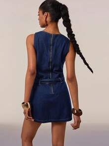 Normani 女士极简时尚腰带牛仔连衣裙，后拉链 - 深色水洗藍 - 查看 7