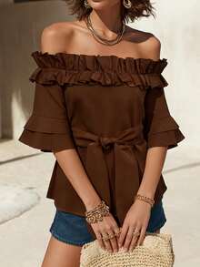 EMERY ROSE Chocolate Brown Off-Shoulder Ruffle Trim Casual Romantic Blouse For Women Vacation Summer - Coffee Brown - View 6