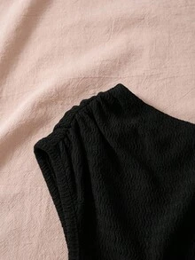 SHEIN 少女休闲时尚纯棕色纹理针织不对称肩部背心 - 黑色 - 查看 5