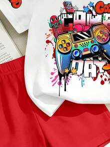 2件套男女童“欢乐日”涂鸦印花圆领短袖白色T恤和红色短裤套装，夏季男童/女童服装，儿童夏季套装，男童休闲套装，暑假 - 彩色 - 查看 5