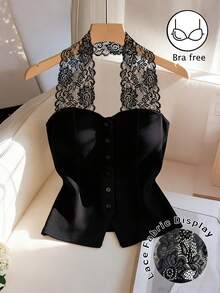 Franclia Nueva blusa elegante de encaje negro con diseño halter y espalda descubierta, top de unicolor y ligero adecuado para el Día de San Valentín, citas, viajes y vacaciones, primavera/verano - Negro - Ver 3