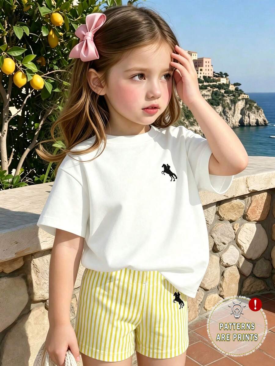 Souflis Souflis Girls' Sweet & Cool Knight Print Short Sleeve Top T-Shirt + Yellow Striped Shorts 2pcs Set, Children Summer Casual Outfit - Multicolor - View 1