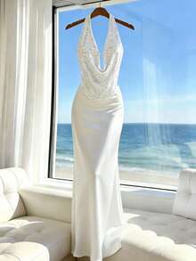 Franclia Bộ áo và chân váy hở lưng đính hạt cườm mùa hè 2026, trang phục đi nghỉ mát/đi biển màu trắng, bộ đồ dạ hội màu trắng. - trắng - Xem 3