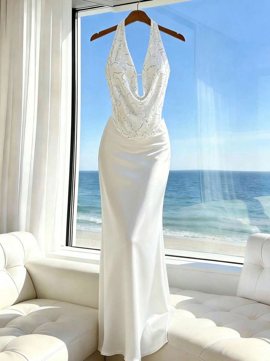 Franclia Bộ áo và chân váy hở lưng đính hạt cườm mùa hè 2026, trang phục đi nghỉ mát/đi biển màu trắng, bộ đồ dạ hội màu trắng. - trắng - Xem 1
