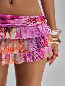 TypaGal 女士夏季海滩度假风拼接印花低腰荷叶边迷你裙 - 彩色 - 查看 6