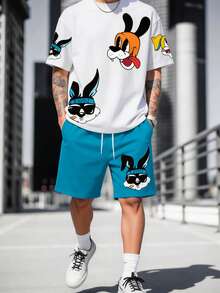 Sorvial Men's Summer Casual Cartoon Rabbit & Dog Print Short Sleeve T-Shirt And Shorts Set, Cozy Outfits - Multicolor - View 9