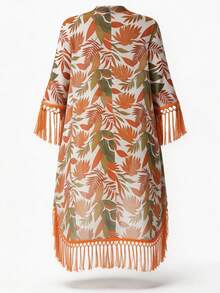 Swim Lushoire Kimono buộc tua rua hở phía trước in lưới đi biển mùa hè cho nữ - trái cam - Xem 7