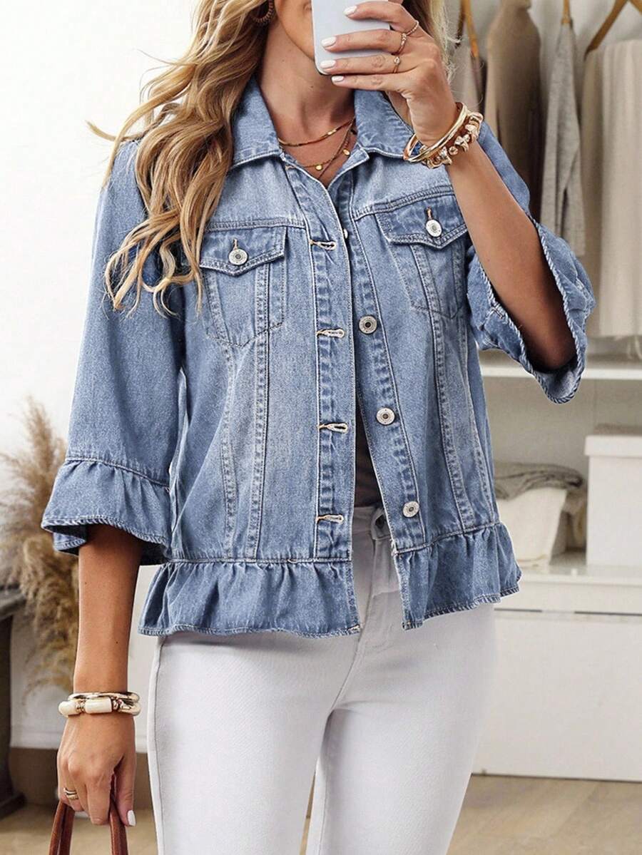 EMERY ROSE Áo khoác denim nữ kiểu dáng thường ngày với cổ tay áo xếp ly và cài khuy đơn. - Màu xanh lam - Xem 1