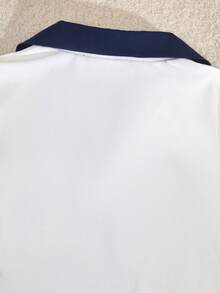 Teenage Girls' Casual Navy Sport Set,Summer Graduation Back-To-School Outfit,Polo Collar Contrast Stitching Top&Wide Leg Drawstring Pants,2pcs Outfit - Multicolor - View 4